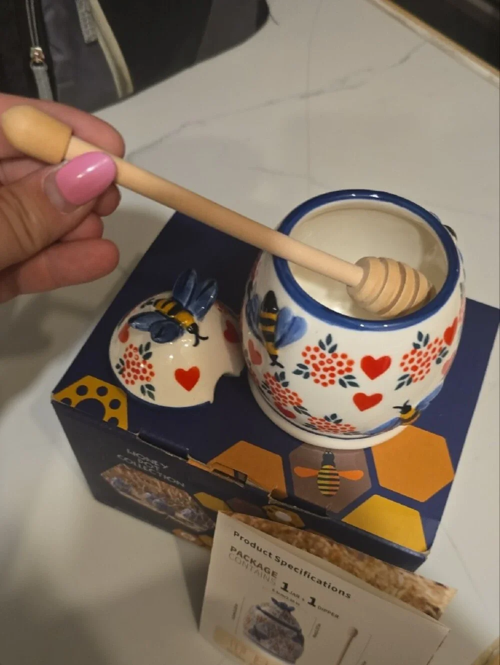 ZOOBEE NWT Ceramic Honey Jar with Blue Accents and Red Heart Motif With Bees